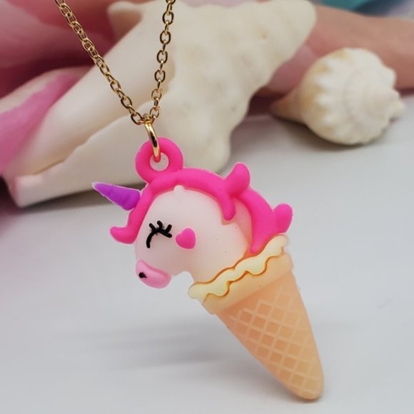 SALE Unicorn Jewelry Icecream Cone Necklace 14K Gold plated Chain Hypoallergenic - Picture 1 of 6